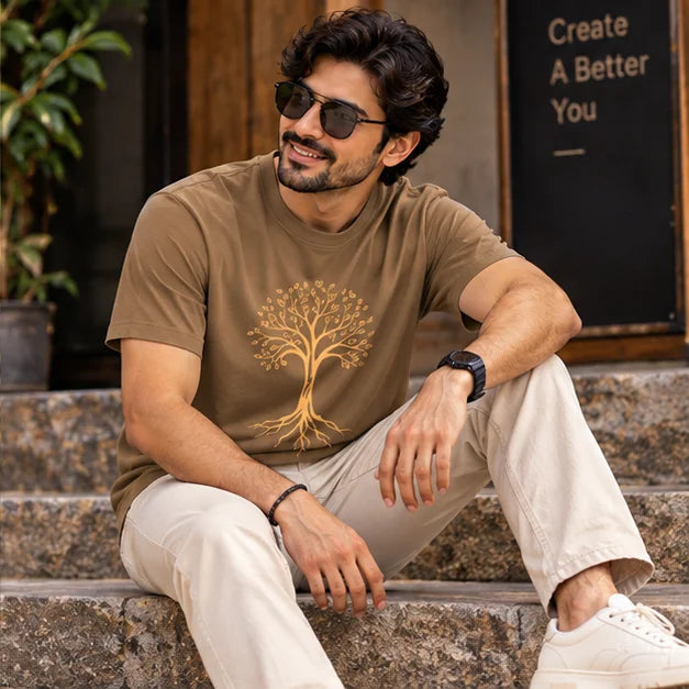 Men’s Mocha Brown Tree of Life Graphic Oversized T-Shirt – Nature Inspired Printed Tee