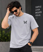 Men’s Light Grey Butterfly Graphic Oversized T-Shirt – Minimal Streetwear Tee
