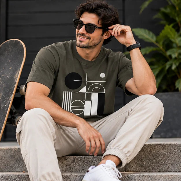 Men’s Olive Green Abstract Geometric Graphic Oversized T-Shirt – Modern Streetwear Tee