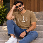 Men’s Brown Guitar Heartbeat Graphic Oversized T-Shirt – Music Inspired Streetwear Tee