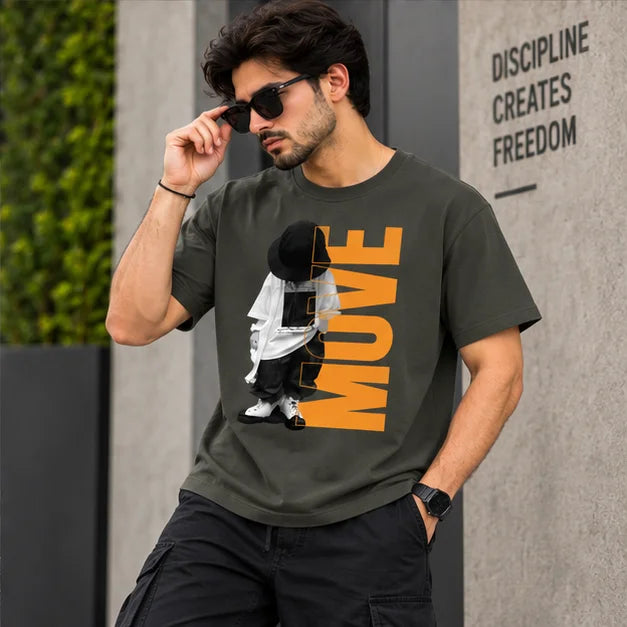 Men’s Charcoal Grey MOVE Graphic Oversized T-Shirt – Urban Streetwear Printed Tee