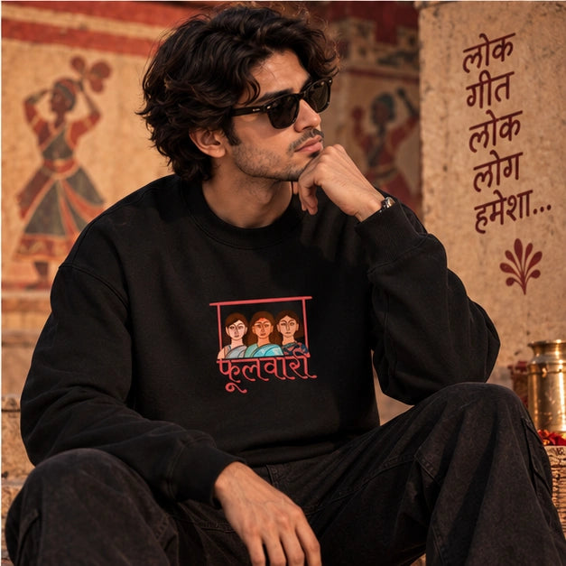 Men’s Black Indian Folk Art Graphic Sweatshirt – Front & Back Cultural Print