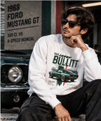 Men’s White Bullitt 1968 Classic Muscle Car Graphic Sweatshirt – Vintage Automotive Streetwear