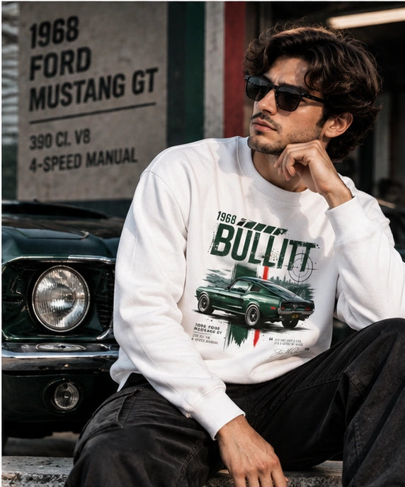 Men’s White Bullitt 1968 Classic Muscle Car Graphic Sweatshirt – Vintage Automotive Streetwear