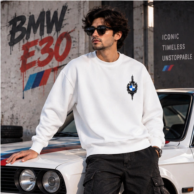 Men’s White BMW E30 Car Graphic Printed Sweatshirt – Premium Crew Neck Streetwear