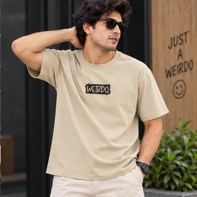 Men’s Beige WEIRDO Don’t Be Stupid Graphic Oversized T-Shirt – Front & Back Printed Streetwear Tee